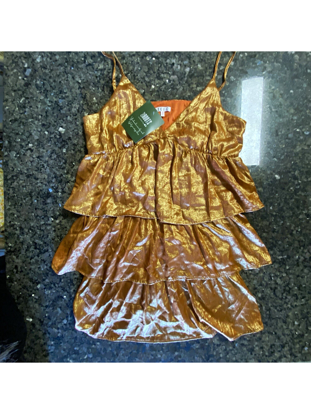 NWT Gold Shimmer Layered Ruffle Mini Dress V-Neck Strappy Sleeveless L